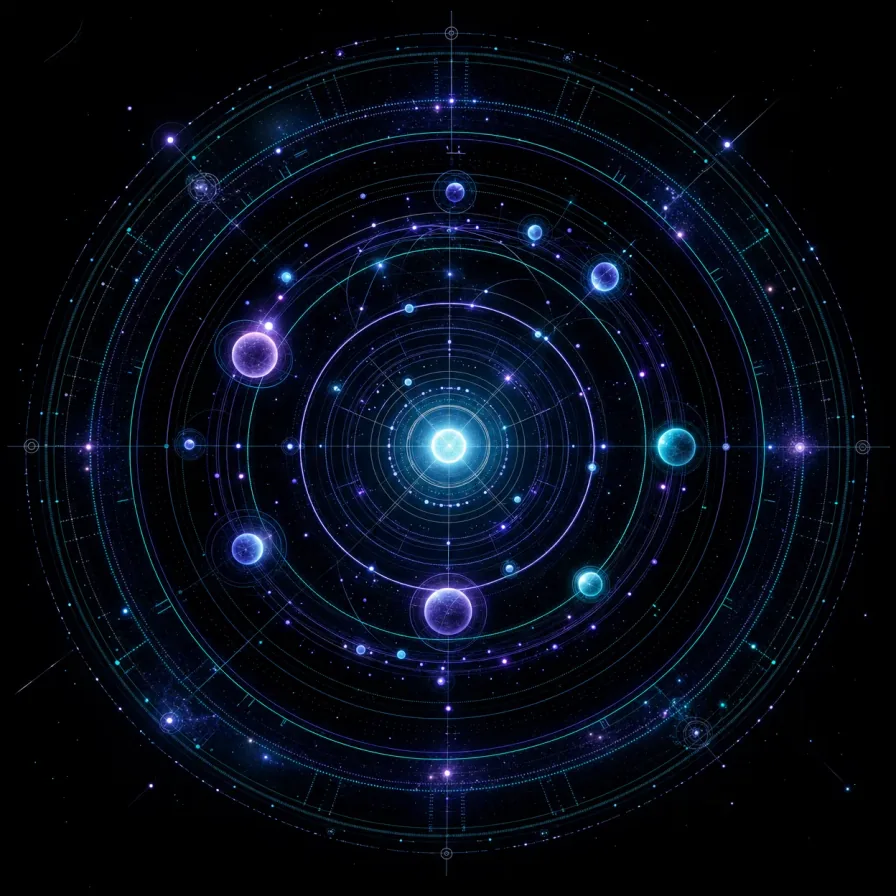 Abstract digital orrery showing orbital mechanics